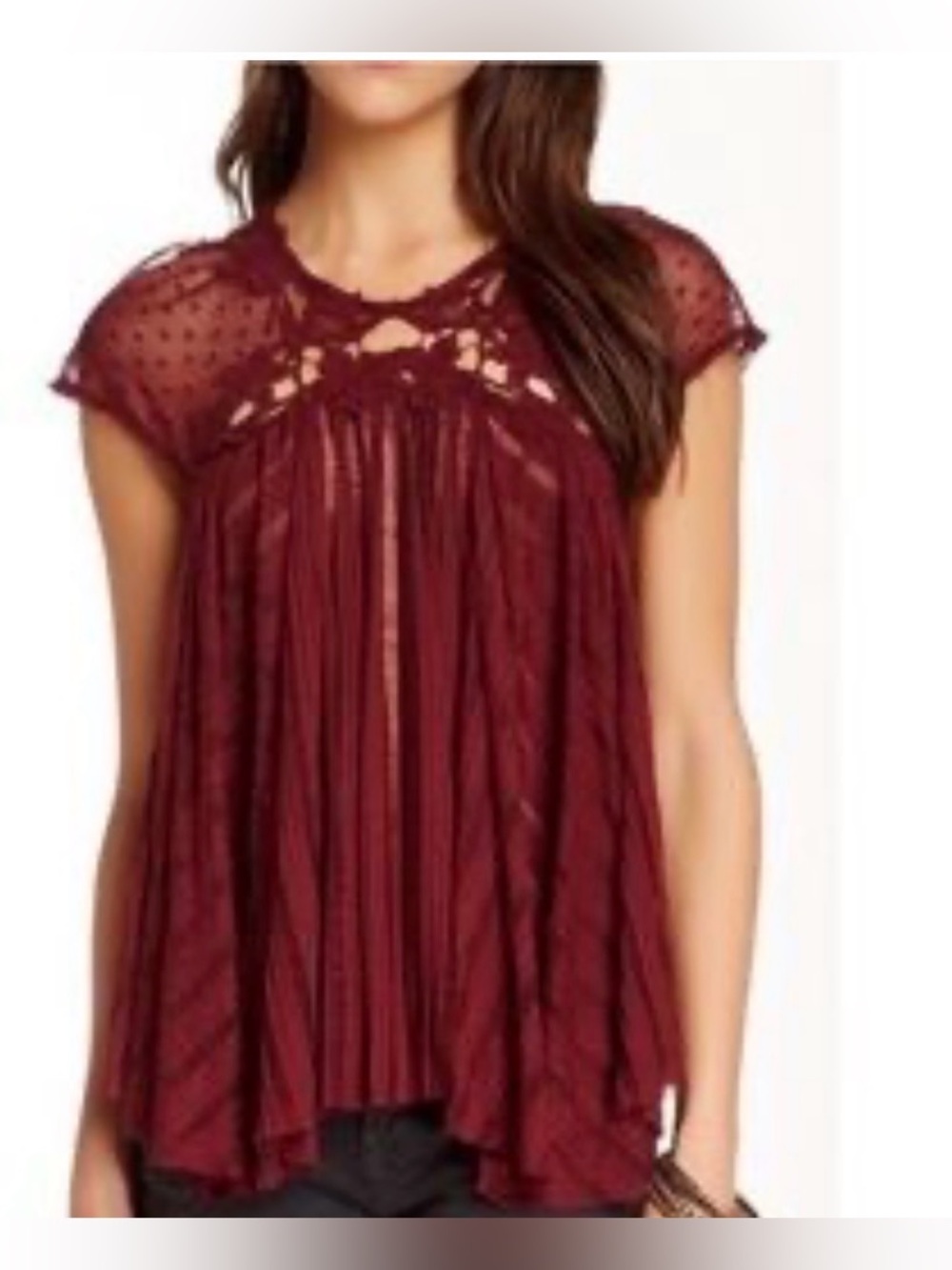 Free people Sheer Lace Yoke Short Sleeve Top Burgundy boho flowy tunic XS